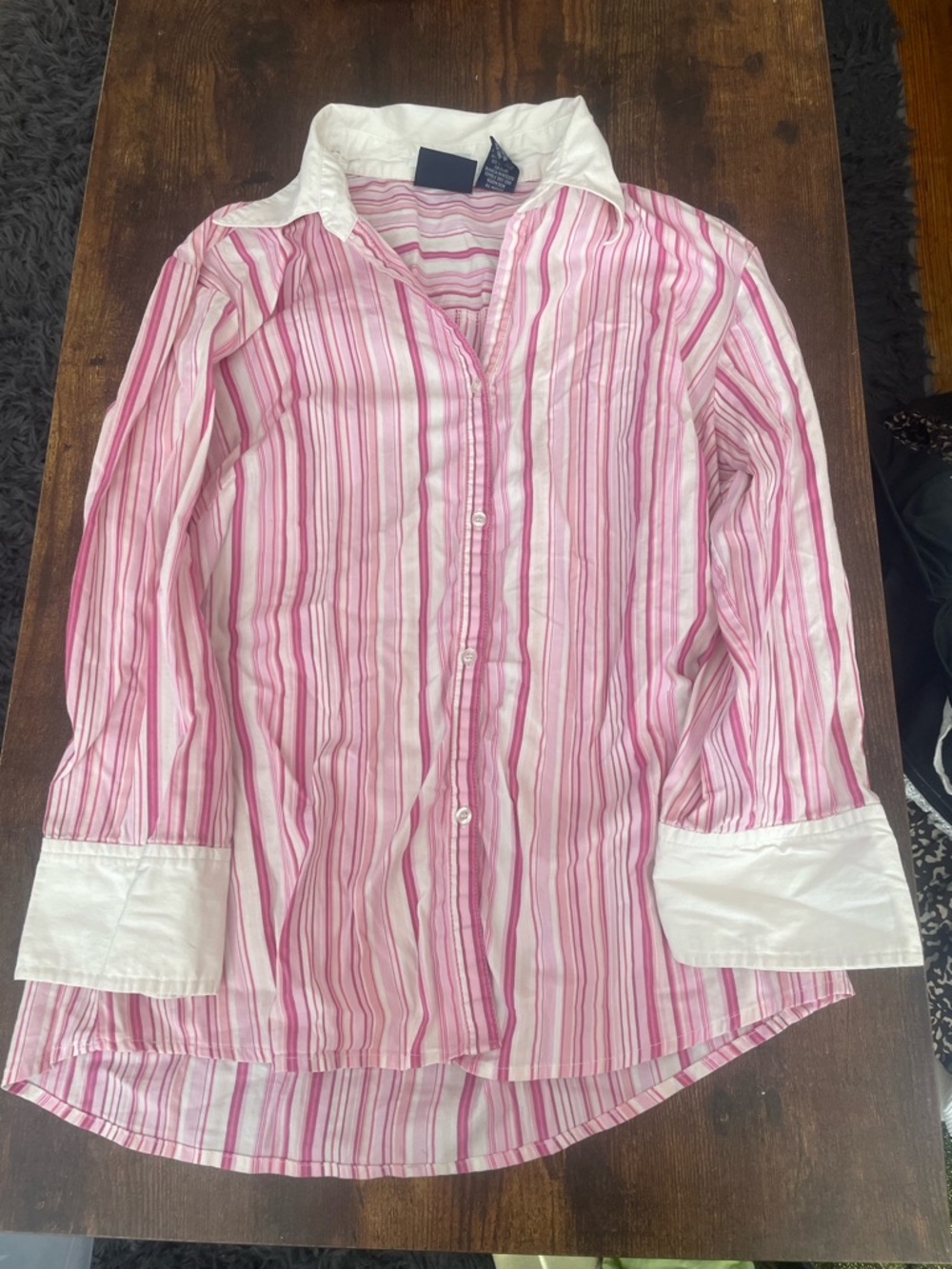 Girls Pink Striped Button-Down Shirt with White Contrast Collar